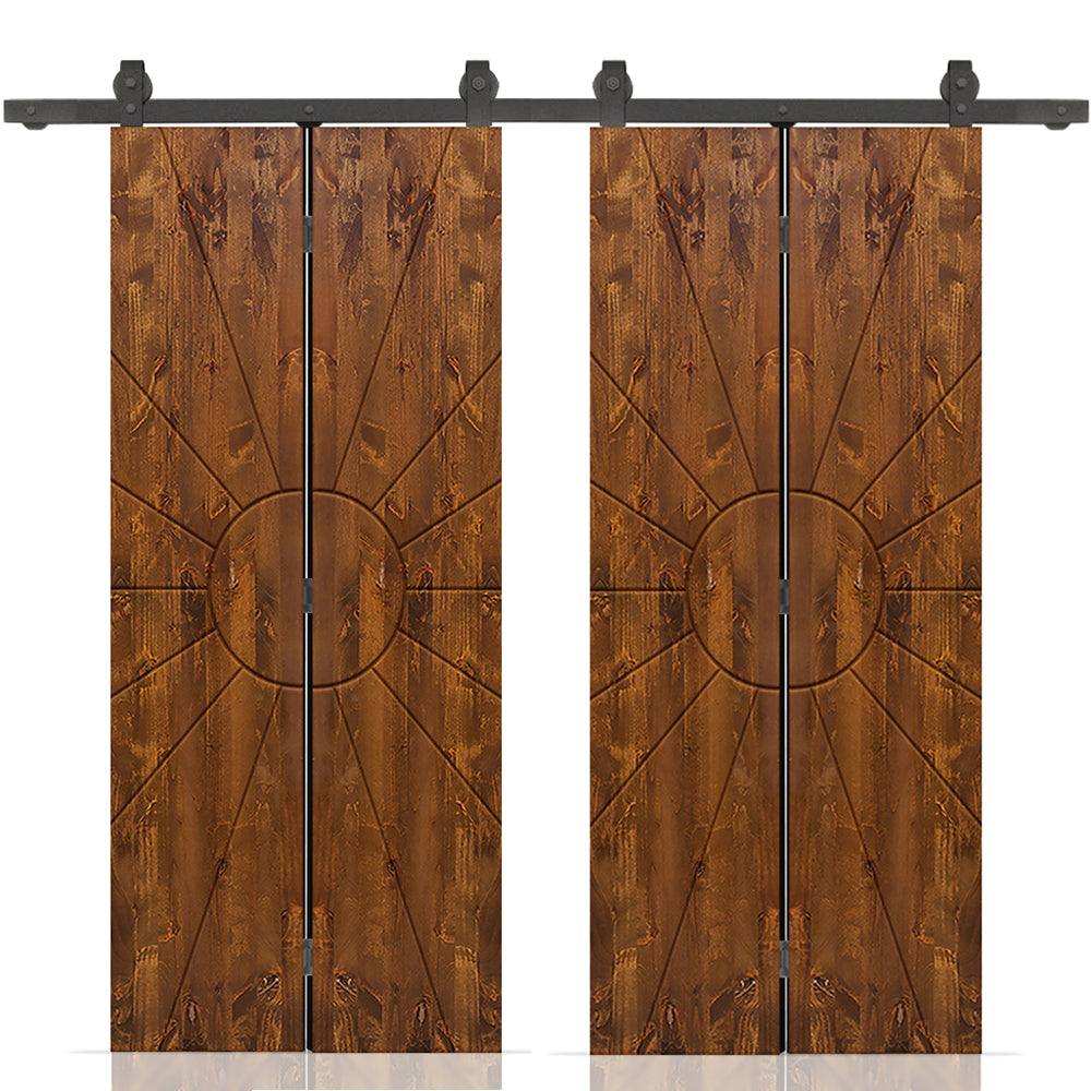 Stained Pine Wood Double Bi-Fold Barn Door with Sliding Hardware Kit