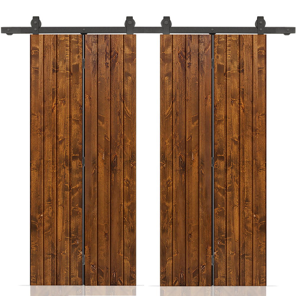 Stained Pine Wood Double Bi-Fold Barn Door with Sliding Hardware Kit