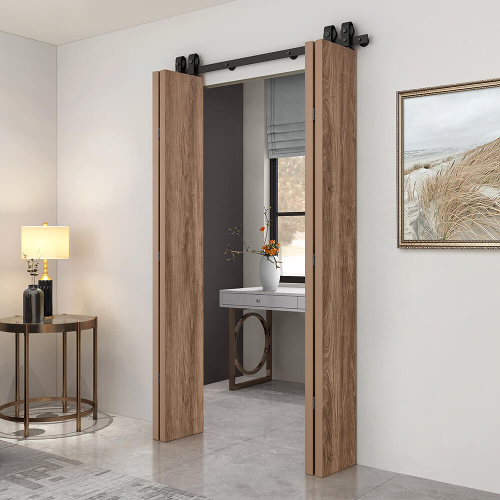 Hollow Core Walnut Composite Textured Double Bi-fold Door with Sliding Barn Door Hardware Kit