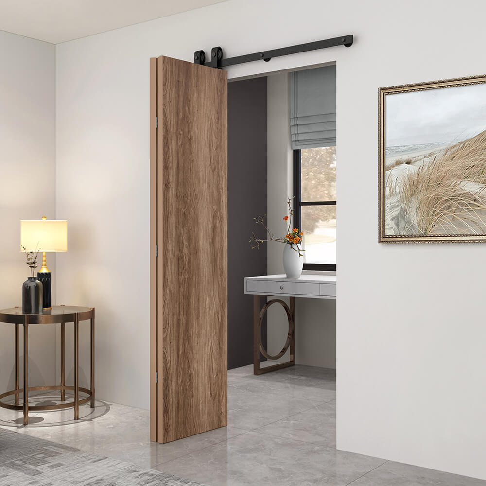 Hollow Core Walnut Composite Textured Bi-fold Door with Sliding Barn Door Hardware Kit