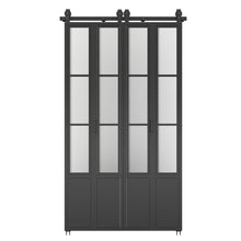 Load image into Gallery viewer, 48 in. x 84 in. 3/4 Lites Frosted Glass Black Steel Frame Double Bi-Fold Barn Doors with Hardware Kit and Door Handle
