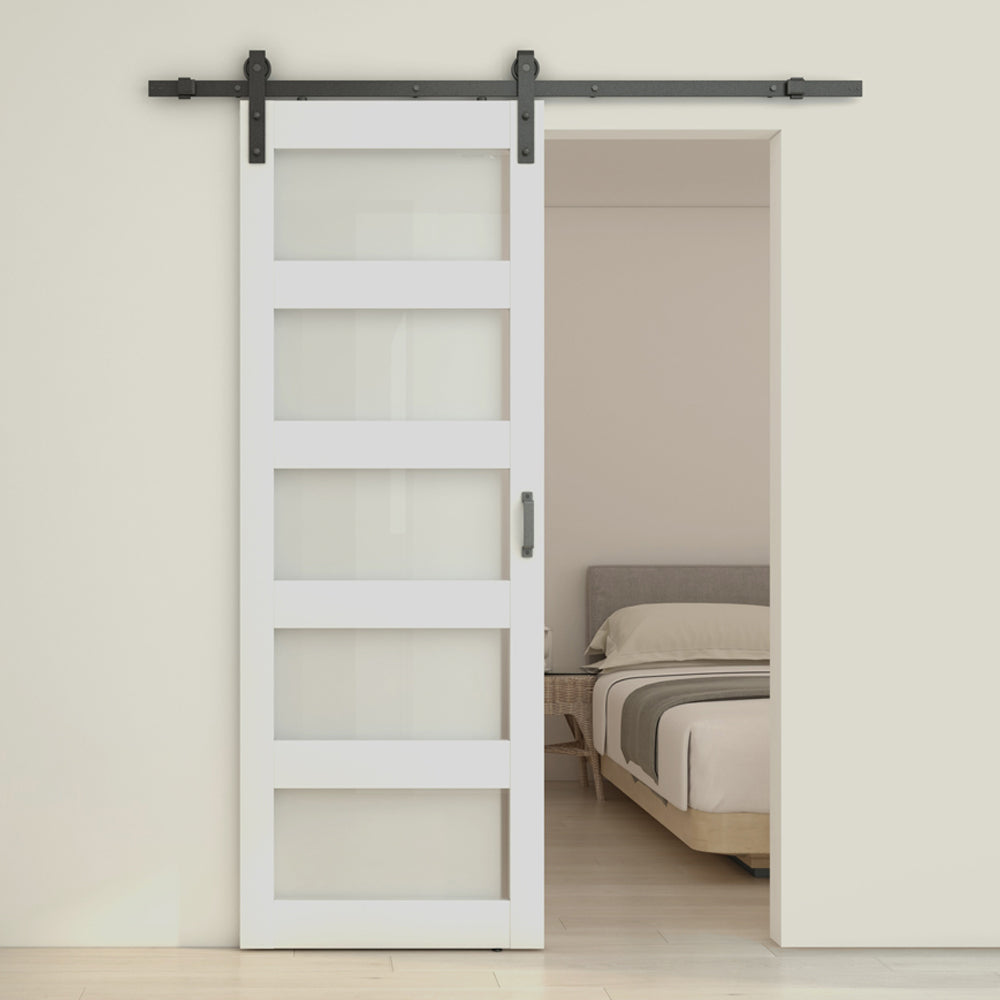 5 Lite Tempered Frosted Glass White Finished Composite Interior Sliding Barn Door with Hardware Kit