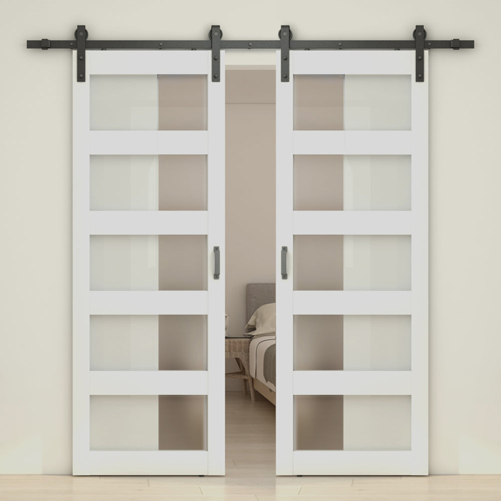5 Lite Tempered Frosted Glass White Finished Composite Double Sliding Barn Door with Hardware Kit Handle