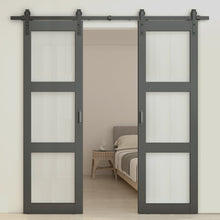 Load image into Gallery viewer, 3-Lite Tempered Frosted Glass Black Finished Composite Double Sliding Barn Door with Hardware Kit Handle
