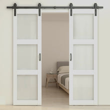 Load image into Gallery viewer, 3-Lite Tempered Frosted Glass Black Finished Composite Double Sliding Barn Door with Hardware Kit Handle
