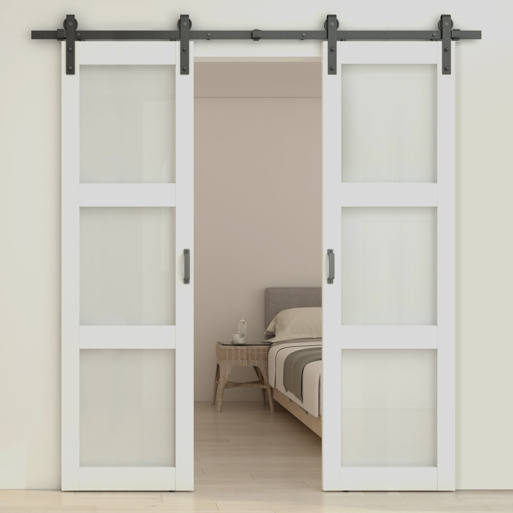 3-Lite Tempered Frosted Glass Black Finished Composite Double Sliding Barn Door with Hardware Kit Handle