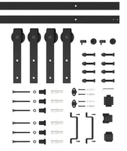 Load image into Gallery viewer, 3-Lite Tempered Frosted Glass Black Finished Composite Double Sliding Barn Door with Hardware Kit Handle
