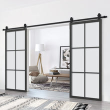 Load image into Gallery viewer, 72 in. x 84 in. 6 Lite Glass Black Aluminum Frame Interior Double Sliding Barn Door with Hardware Kit
