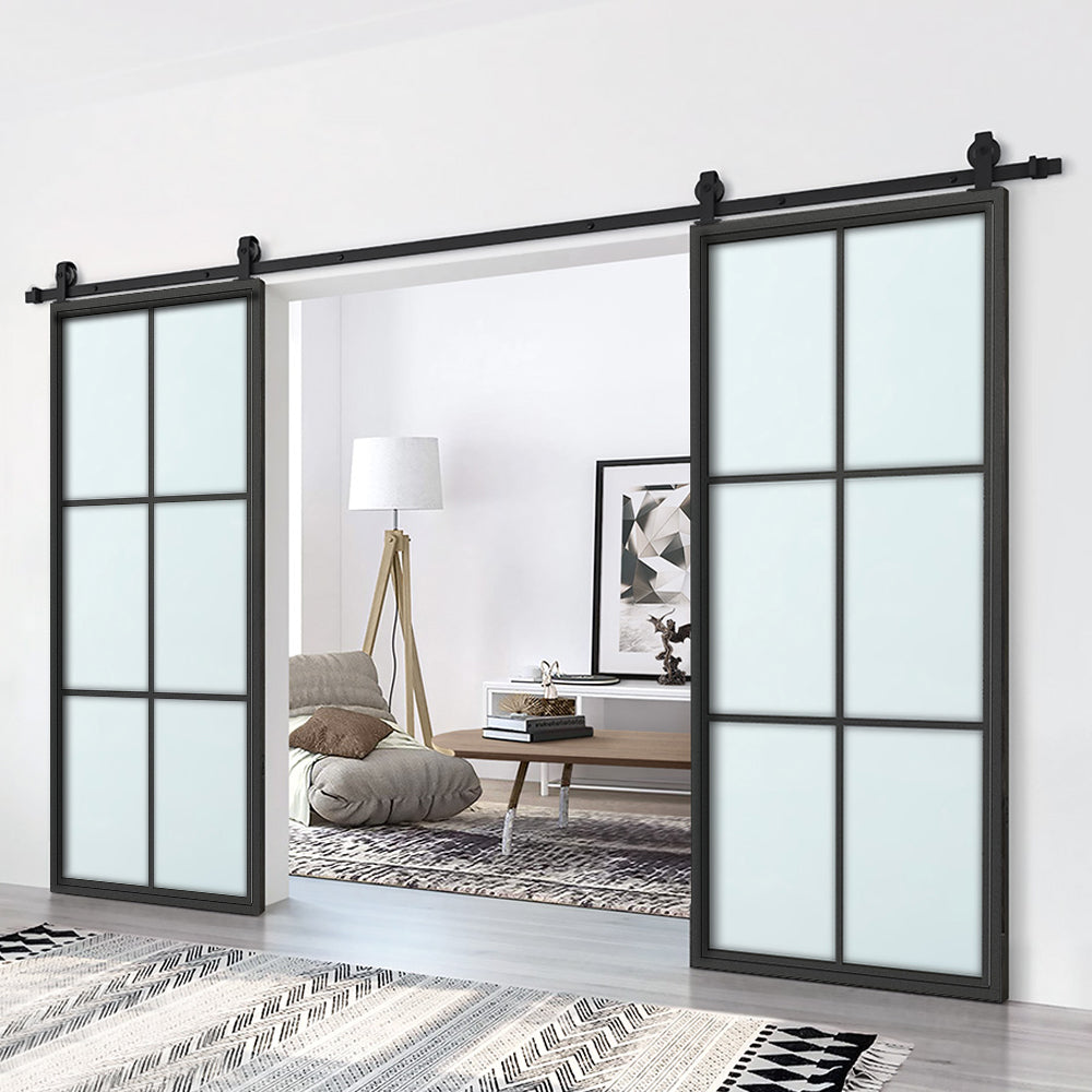 72 in. x 84 in. 6 Lite Glass Black Aluminum Frame Interior Double Sliding Barn Door with Hardware Kit