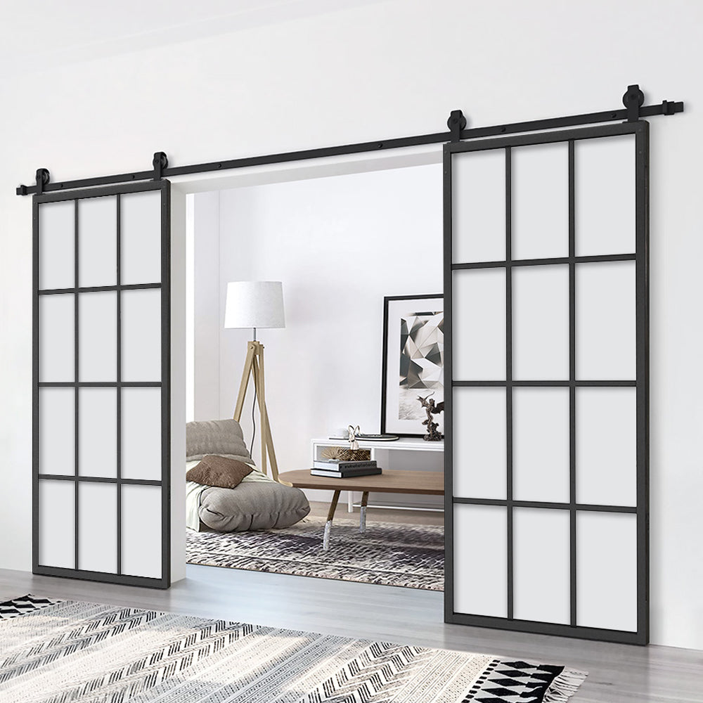 72 in. x 84 in. 12 Lite Glass Black Aluminum Frame Interior Double Sliding Barn Door with Hardware Kit