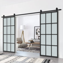 Load image into Gallery viewer, 72 in. x 84 in. 12 Lite Glass Black Aluminum Frame Interior Double Sliding Barn Door with Hardware Kit
