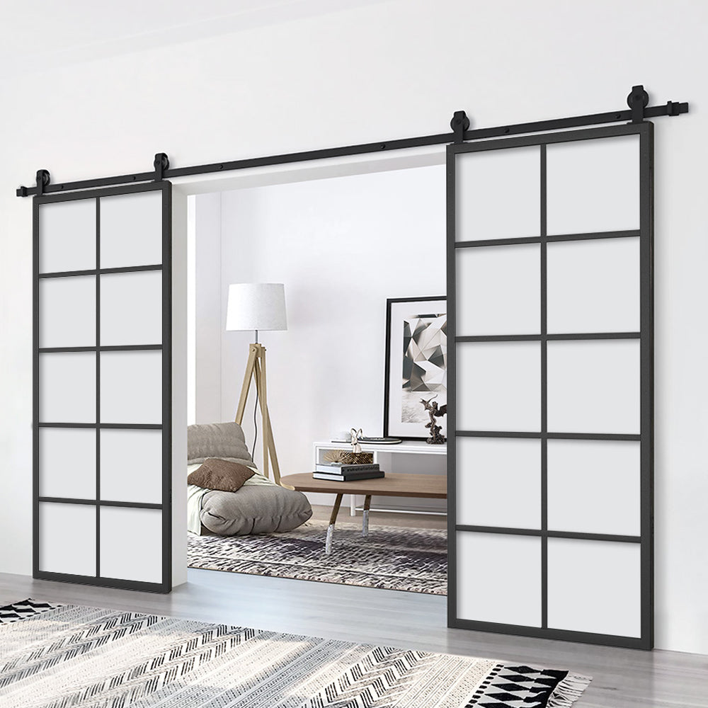 10 Lite Glass Black Aluminum Frame Interior Double Sliding Barn Door with Hardware Kit