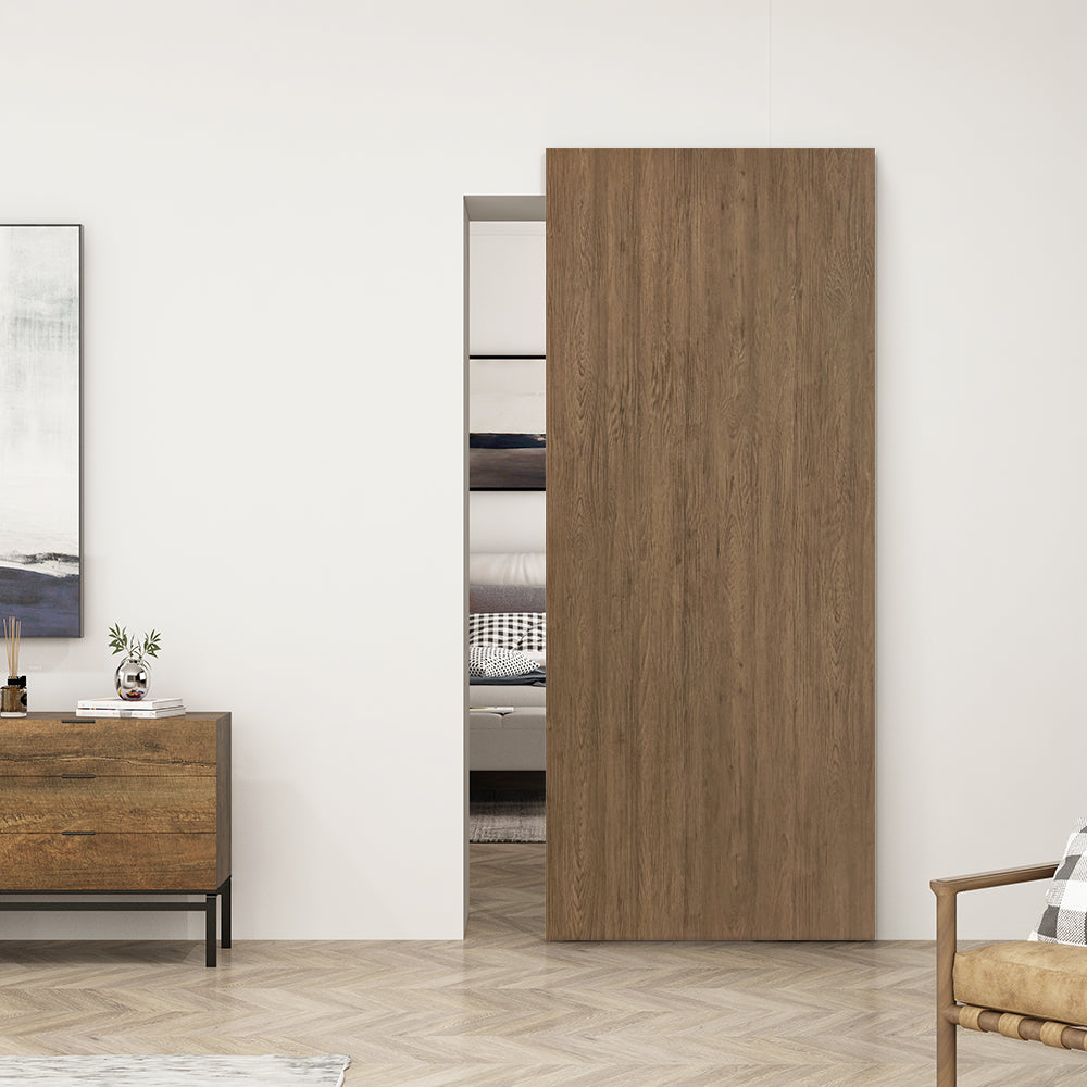 Walnut Textured Hollow Core Composite Interior Sliding Barn Door with Hardware Kit Hidden Track System