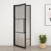 Load image into Gallery viewer, 36 in. x 85 in. 3 Lite Frost Glass Black Steel Frame Prehung Interior Door with Door Handle

