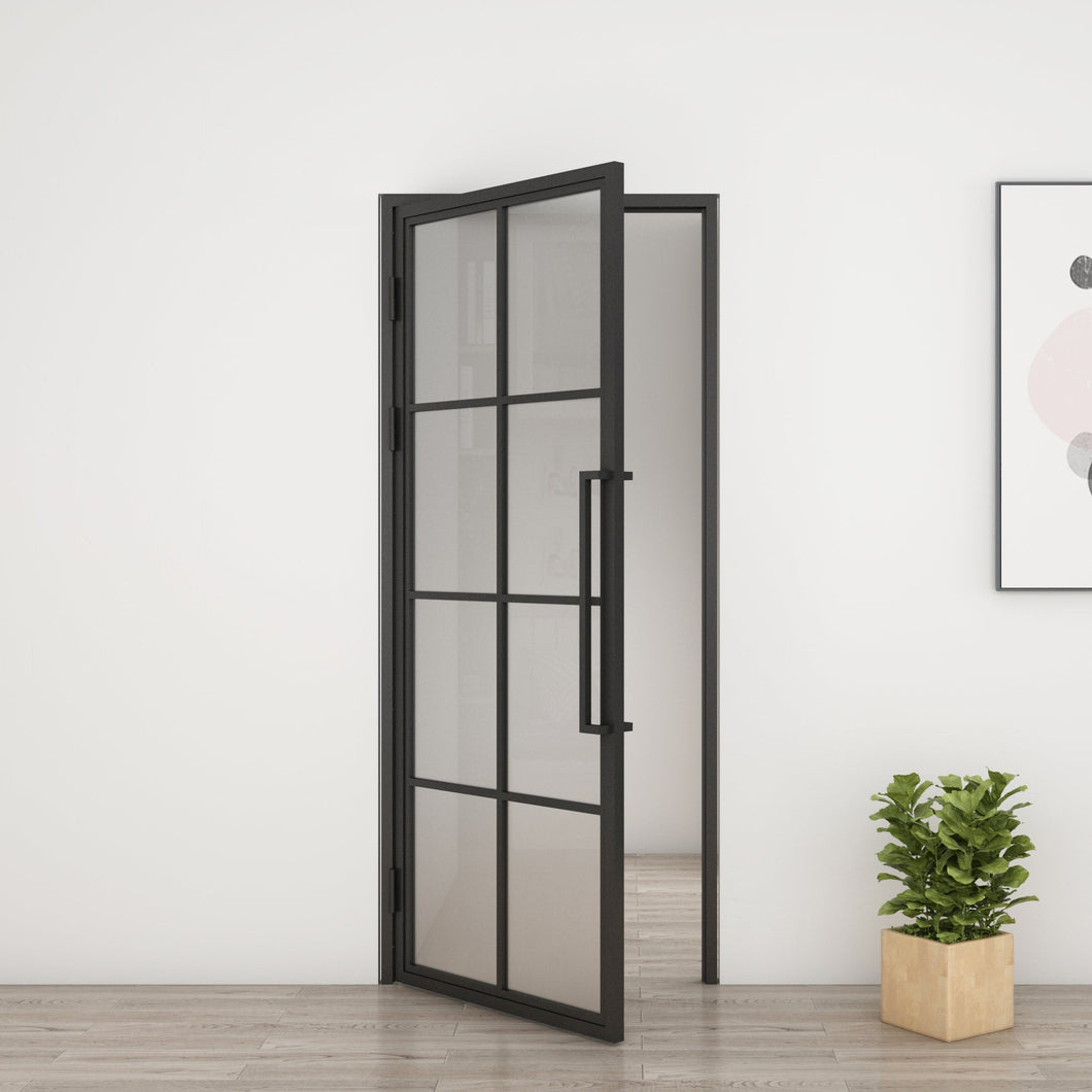 36 in. x 85 in. 8 Lite Frost Glass Black Steel Frame Prehung Interior Door with Door Handle