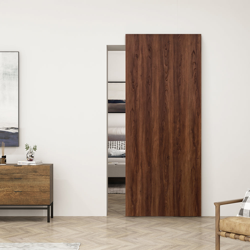 Walnut Textured Hollow Core Composite Interior Sliding Barn Door with Hardware Kit Hidden Track System