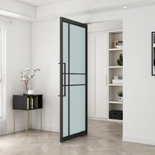 Load image into Gallery viewer, Full Lite Frameless Opaque Frosted Glass Black Steel Frame Interior Pivot Door with Pivot Hinge Hardware Kit
