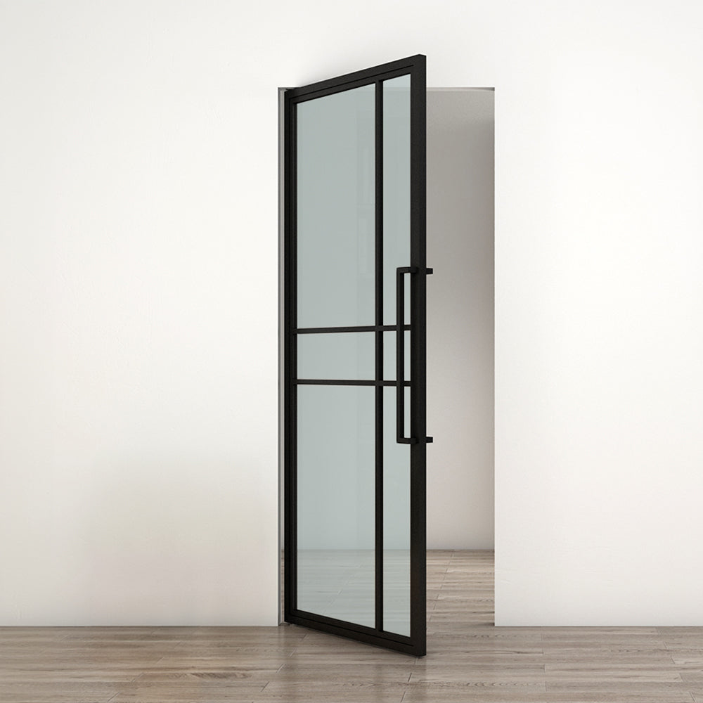 Full Lite Frameless Opaque Frosted Glass Black Steel Frame Interior Pivot Door with Pivot Hinge Hardware Kit
