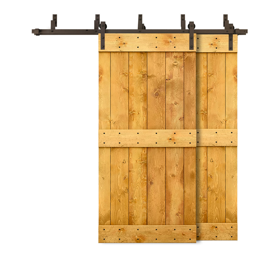 Mid-Bar Bypass Stained Solid Wood Interior Double Sliding Barn Door With Hardware Kit