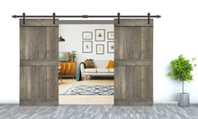 Load image into Gallery viewer, Mid-Bar Pre Assembled Stained Wood Interior Double Sliding Barn Door with Hardware Kit
