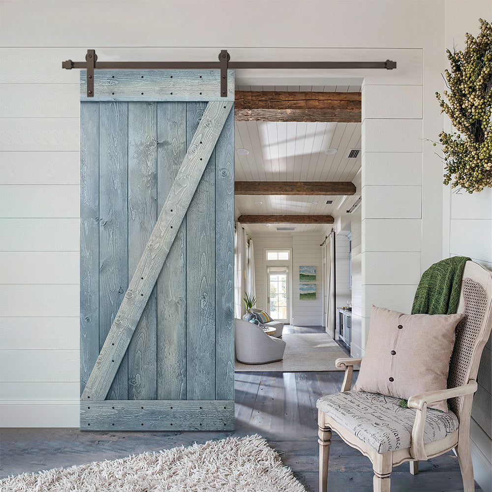 Z Bar Stained Knotty Pine Wood Sliding DIY Barn Door with Hardware Kit