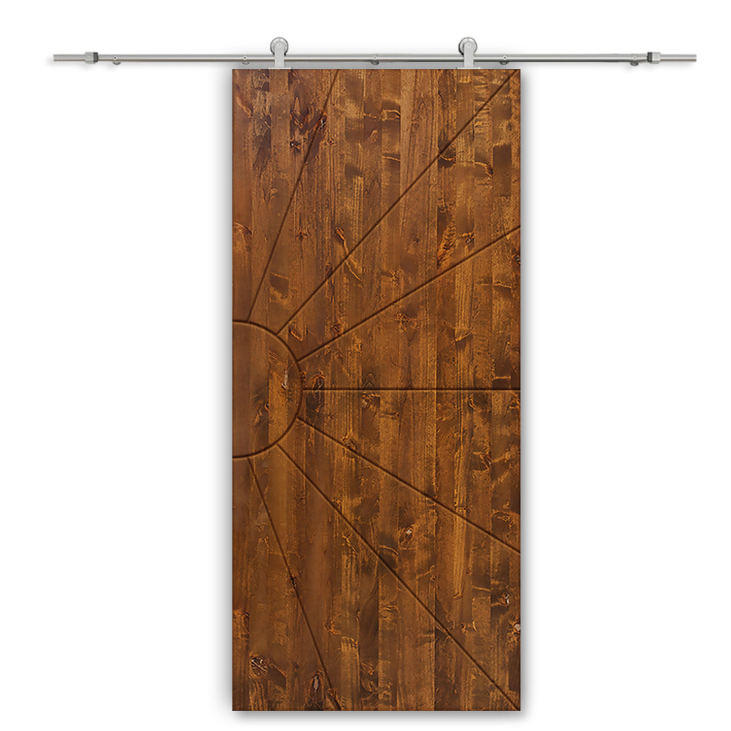 Sun Pattern Solid Pine Wood Interior Sliding Barn Door with Hardware Kit