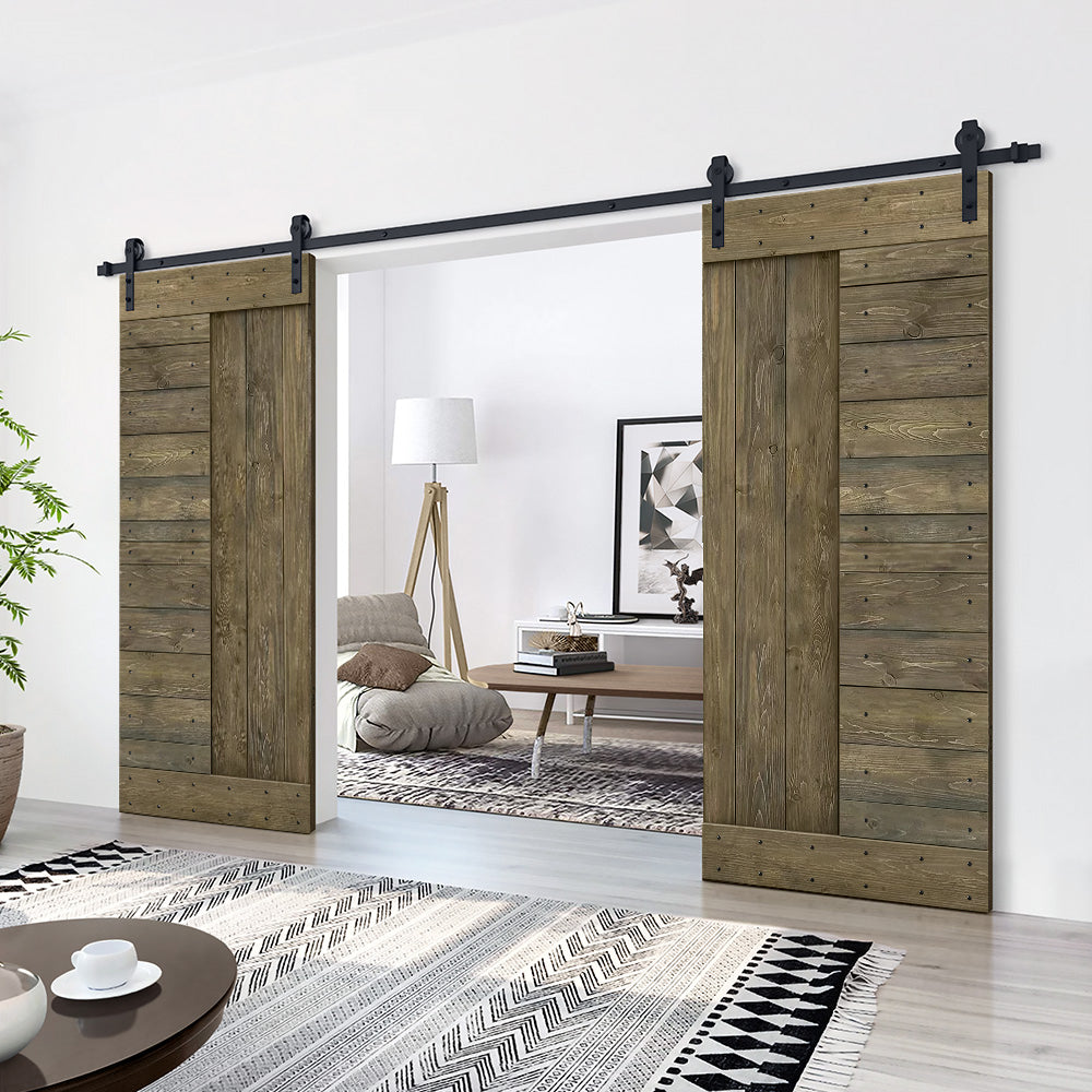 Paneled DIY Knotty Pine Solid Wood Interior Double Sliding Barn Doors with Hardware Kits