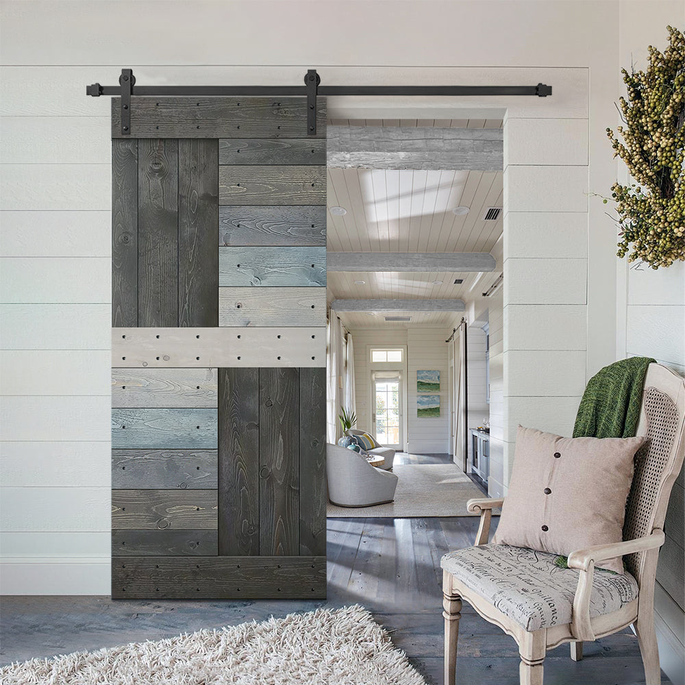 Multicolor Paneled DIY Knotty Pine Solid Wood Interior Sliding Barn Door with Hardware Kit
