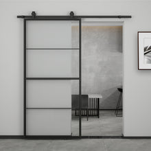 Load image into Gallery viewer, 84 in. x 36 in. 4-Lite Tempered Glass Barn Door Steel Frame Sliding Hardware Kit and Door Handle
