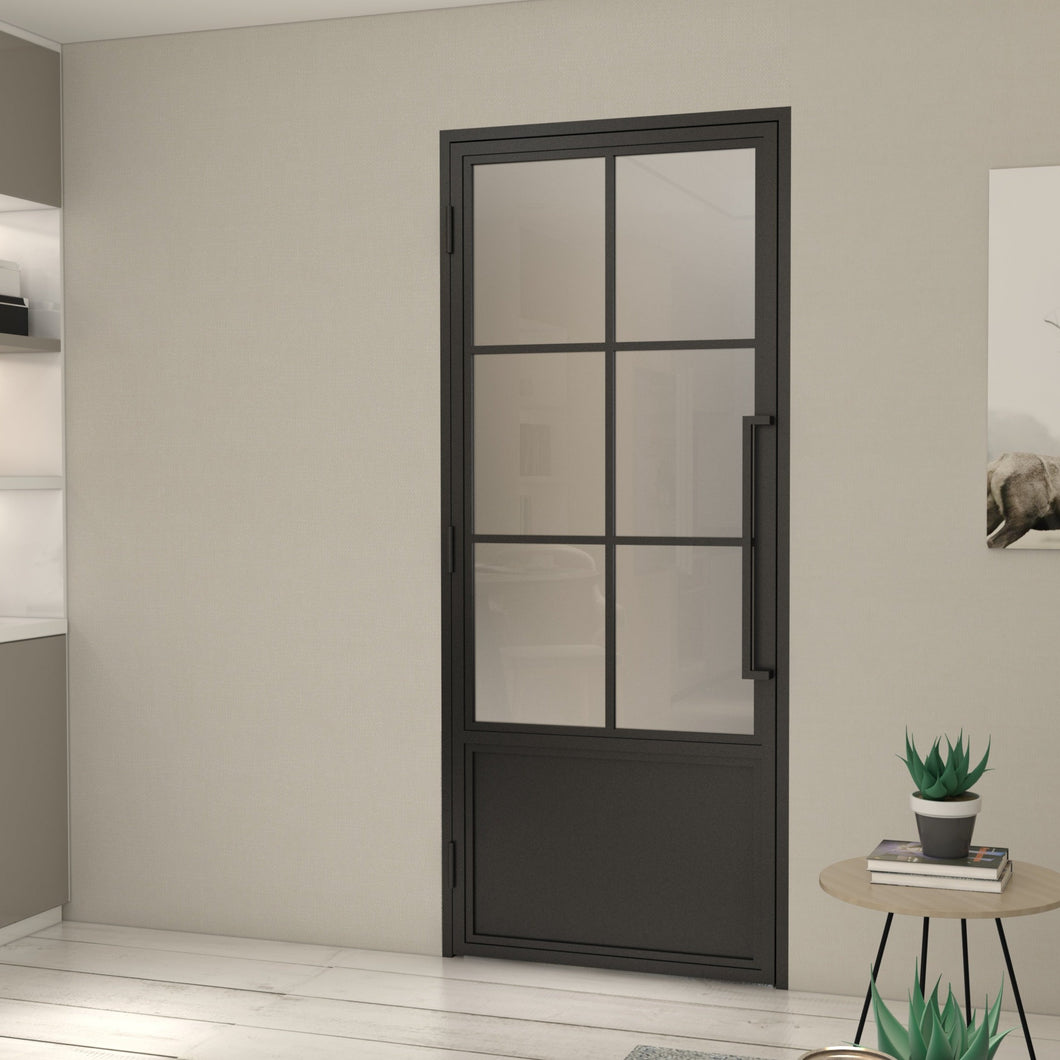 36 in. x 84 in. Right-Hand 6 Lite Frost Glass Black Steel Single Prehung Interior Door with Door Handle