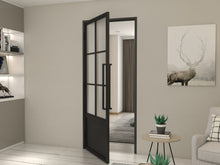 Load image into Gallery viewer, 36 in. x 84 in. Right-Hand 6 Lite Frost Glass Black Steel Single Prehung Interior Door with Door Handle
